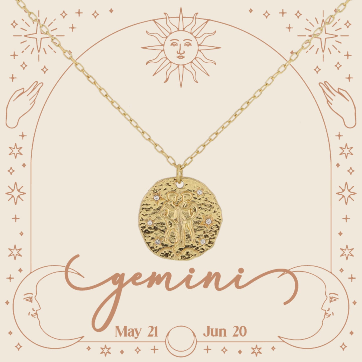 Gold Gemini Zodiac Disc with Mini Crystal Star Accents Necklace, .75" Pendant