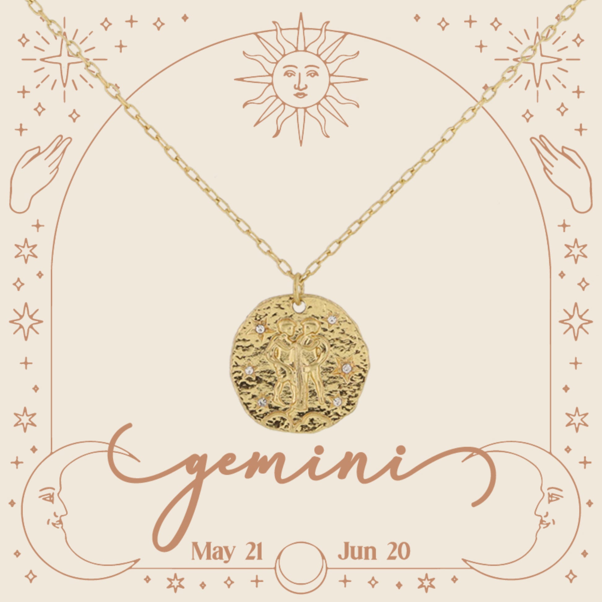Gold Gemini Zodiac Disc with Mini Crystal Star Accents Necklace, .75" Pendant