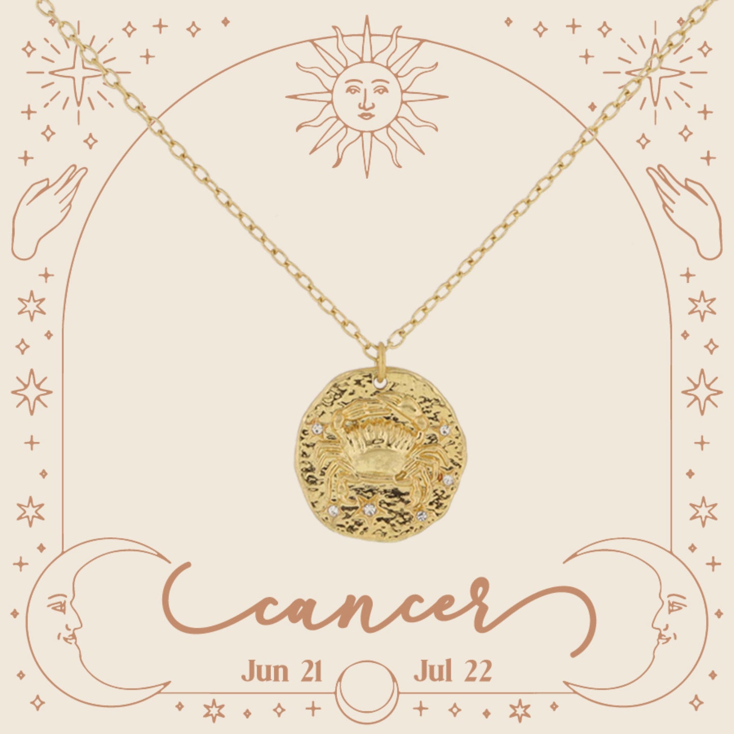 Gold Cancer Zodiac Disc with Mini Crystal Star Accents Necklace, .75" Pendant