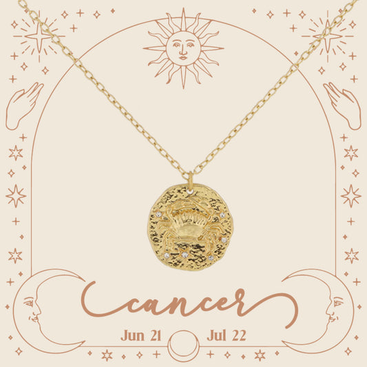 Gold Cancer Zodiac Disc with Mini Crystal Star Accents Necklace, .75" Pendant