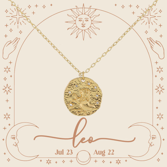 Gold Leo Zodiac Disc with Mini Crystal Star Accents Necklace, .75" Pendant