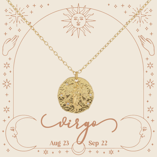 Gold Virgo Zodiac Disc with Mini Crystal Star Accents Necklace, .75" Pendant