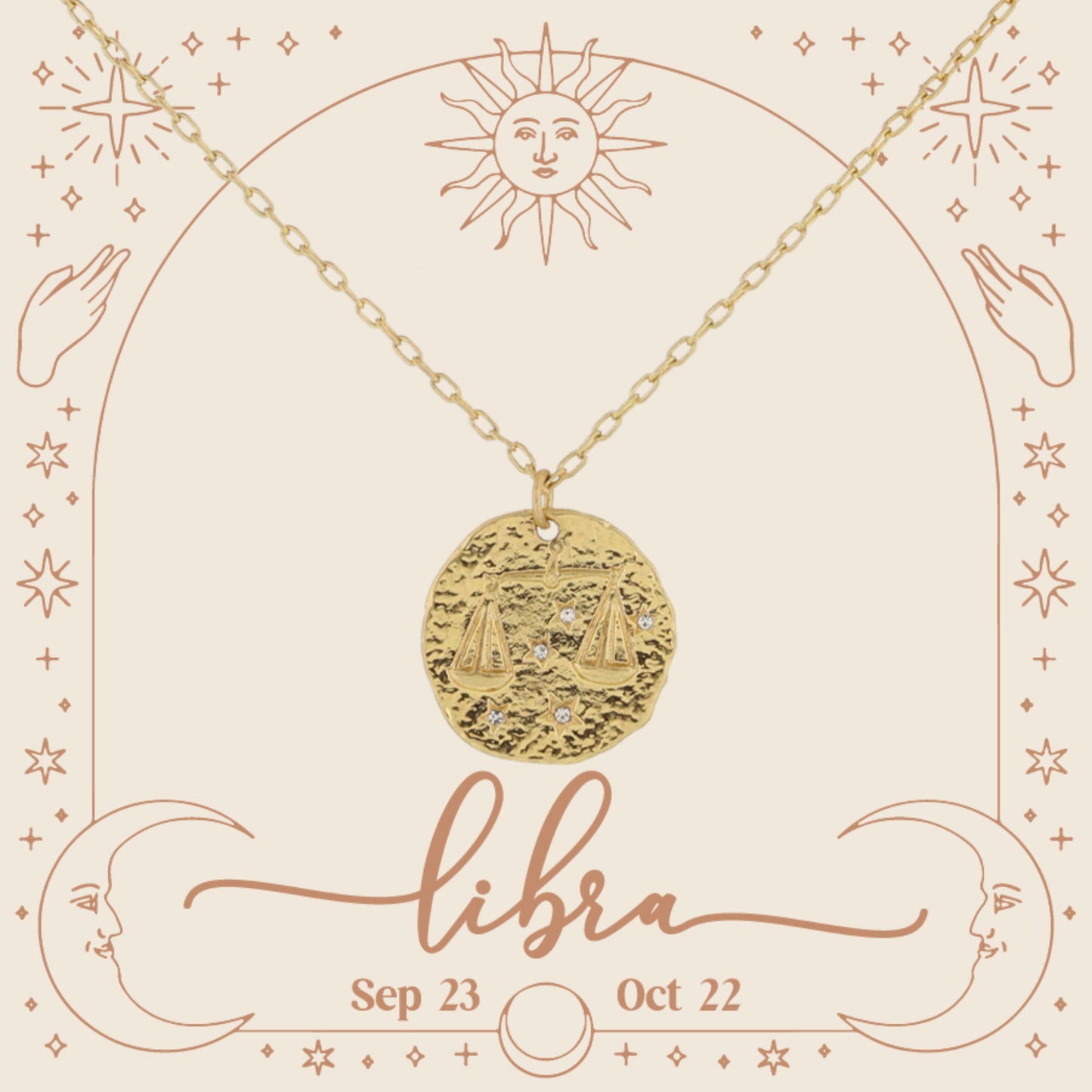 Gold Libra Zodiac Disc with Mini Crystal Star Accents Necklace, .75" Pendant