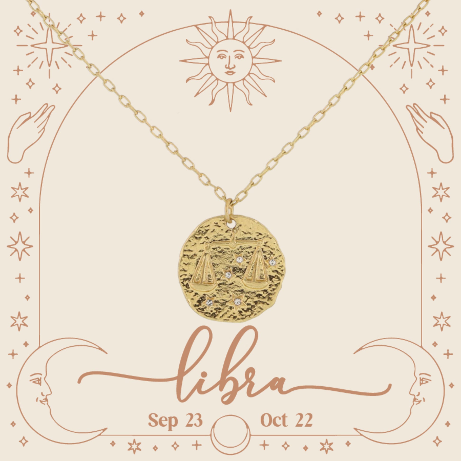 Gold Libra Zodiac Disc with Mini Crystal Star Accents Necklace, .75" Pendant