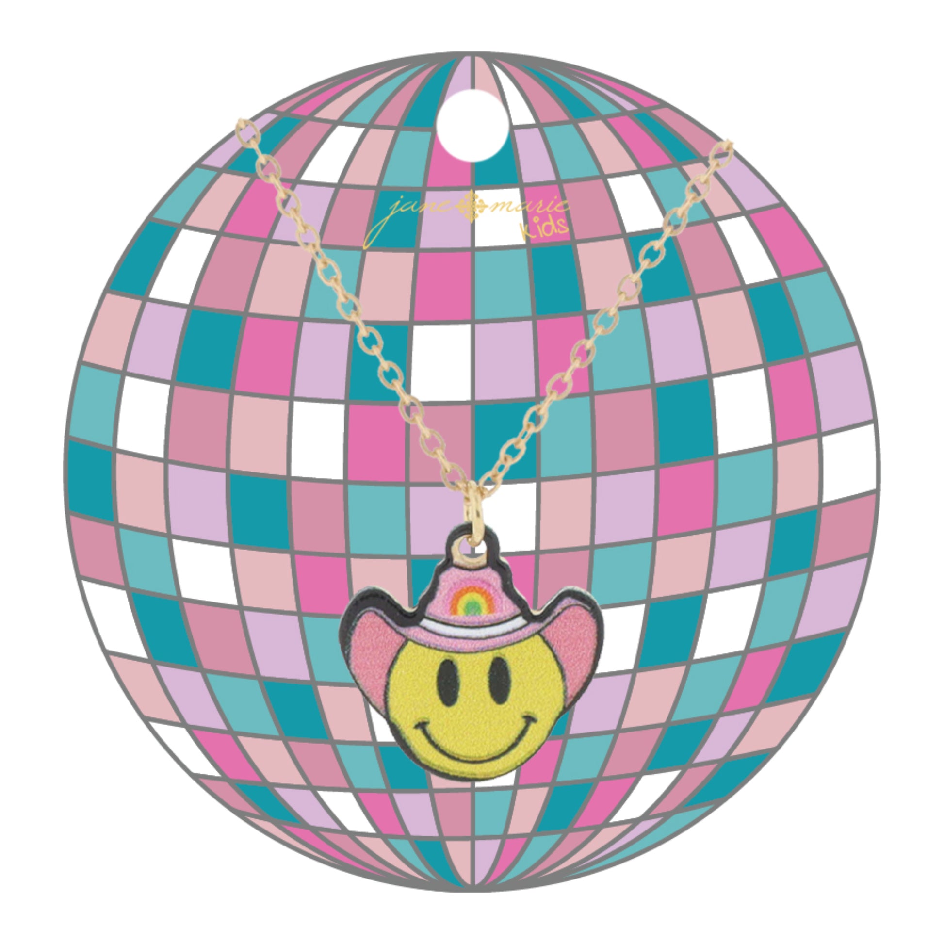 Kids Yellow Happy Face with Pink Rainbow Cowgirl Hat Necklace, .65" Pendant