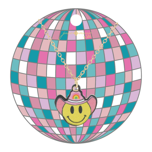 Kids Yellow Happy Face with Pink Rainbow Cowgirl Hat Necklace, .65" Pendant