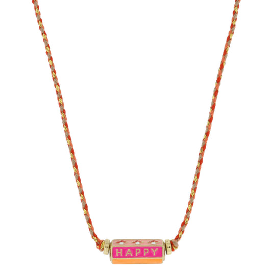 Kids 6-Sided Enamel Cylinder Bar, Red Mushrooms, Pink "HAPPY", Orange Necklace, .35" x .85" Pendant