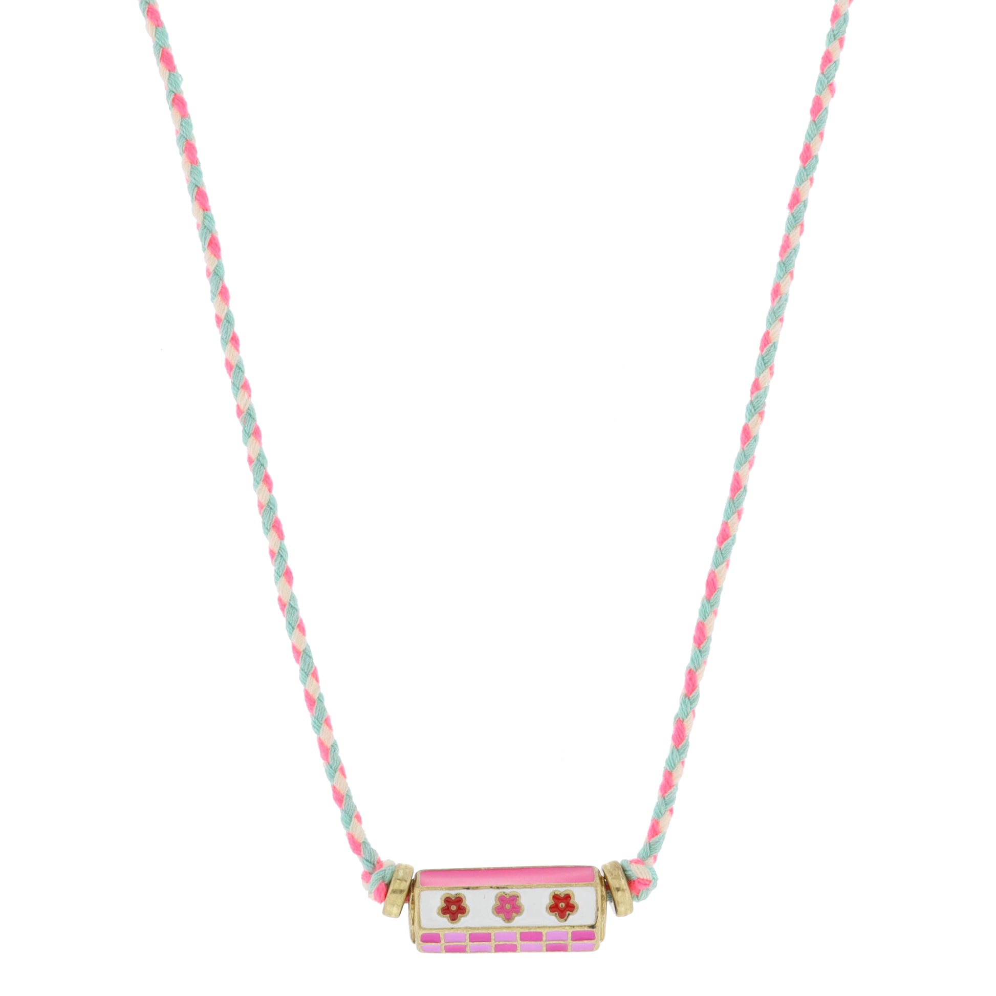 Kids 6-Sided Enamel Cylinder Bar, Magenta & Lavender Checker, Flower, Necklace, .35" x .85" Pendant