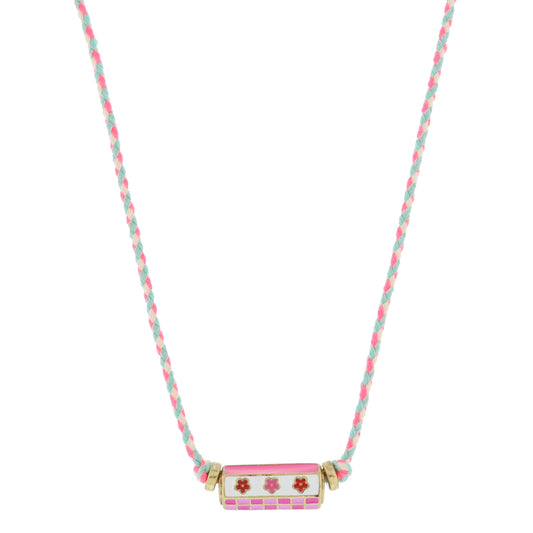 Kids 6-Sided Enamel Cylinder Bar, Magenta & Lavender Checker, Flower, Necklace, .35" x .85" Pendant