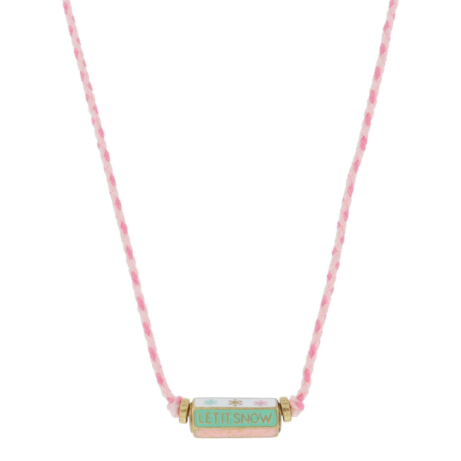Kids 6-Sided Enamel Cylinder Bar, Snowflakes, "LET IT SNOW", Pink Necklace, .35" x .85" Pendant