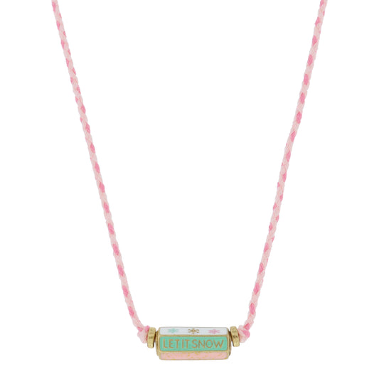 Kids 6-Sided Enamel Cylinder Bar, Snowflakes, "LET IT SNOW", Pink Necklace, .35" x .85" Pendant