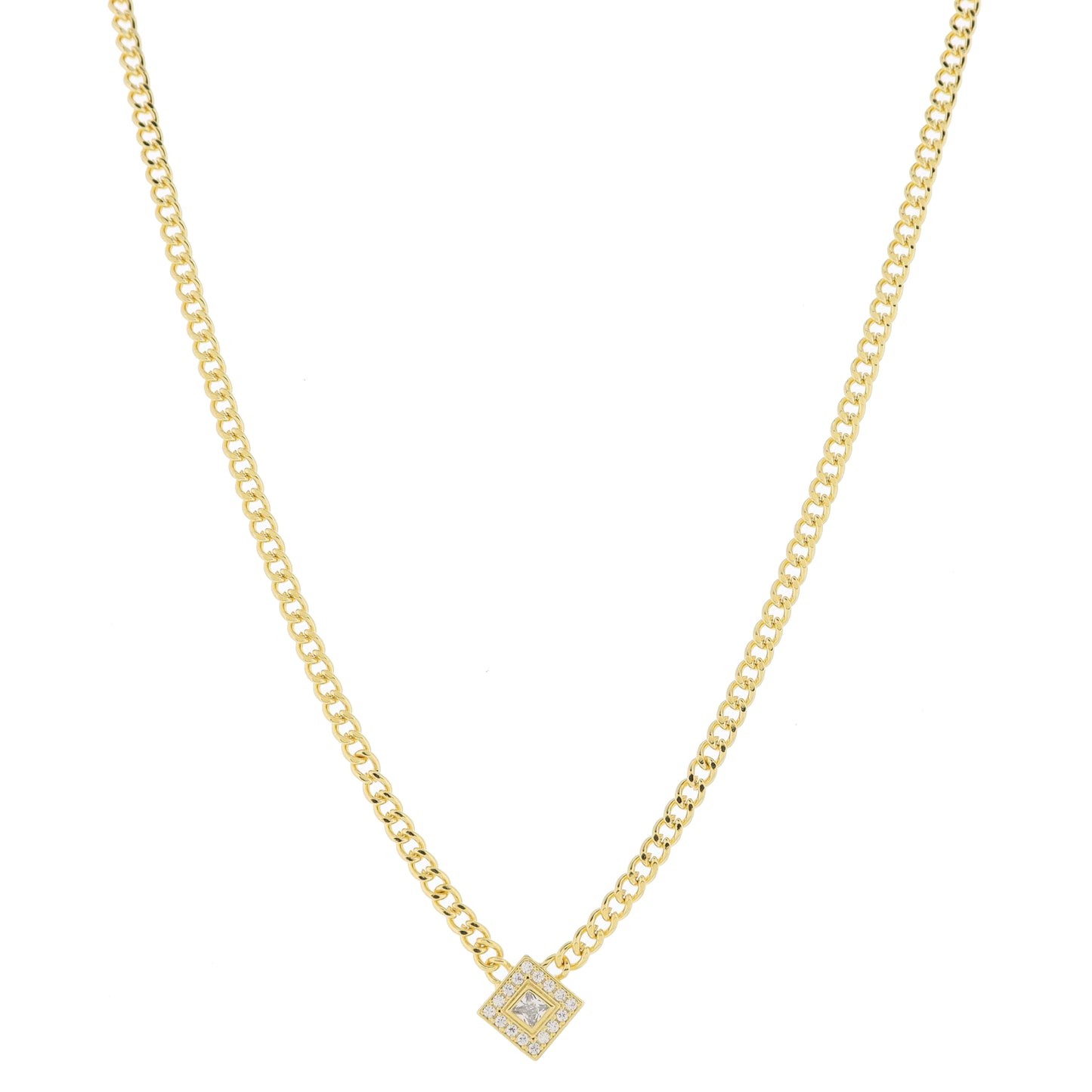 Gold Curb Chain with Square Diamond Crystal with Mini Crystal Pave Outline Necklace, .5" Pendant