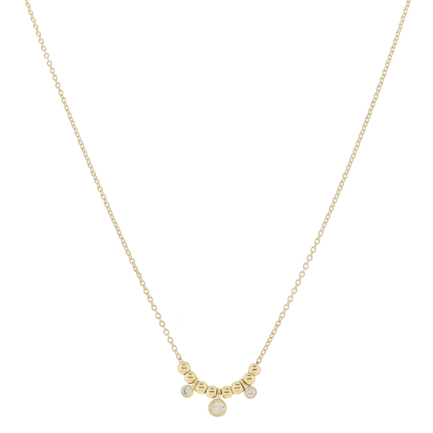Gold Chain and Mini Gold Ball Beads with Multi Clear Crystals Necklace, .15", .2", .15" Pendant