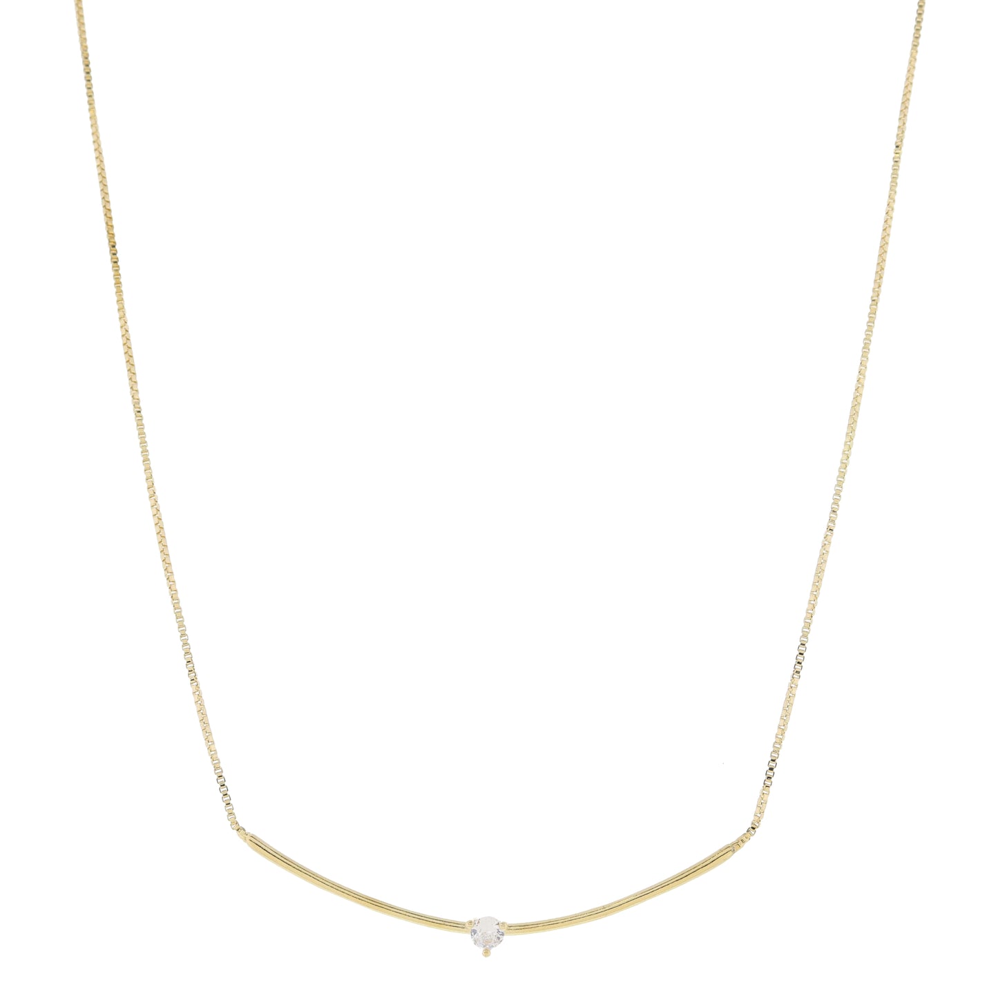 Long Curved Skinny Gold Bar with Center Clear Crystal Necklace, .2" Pendant