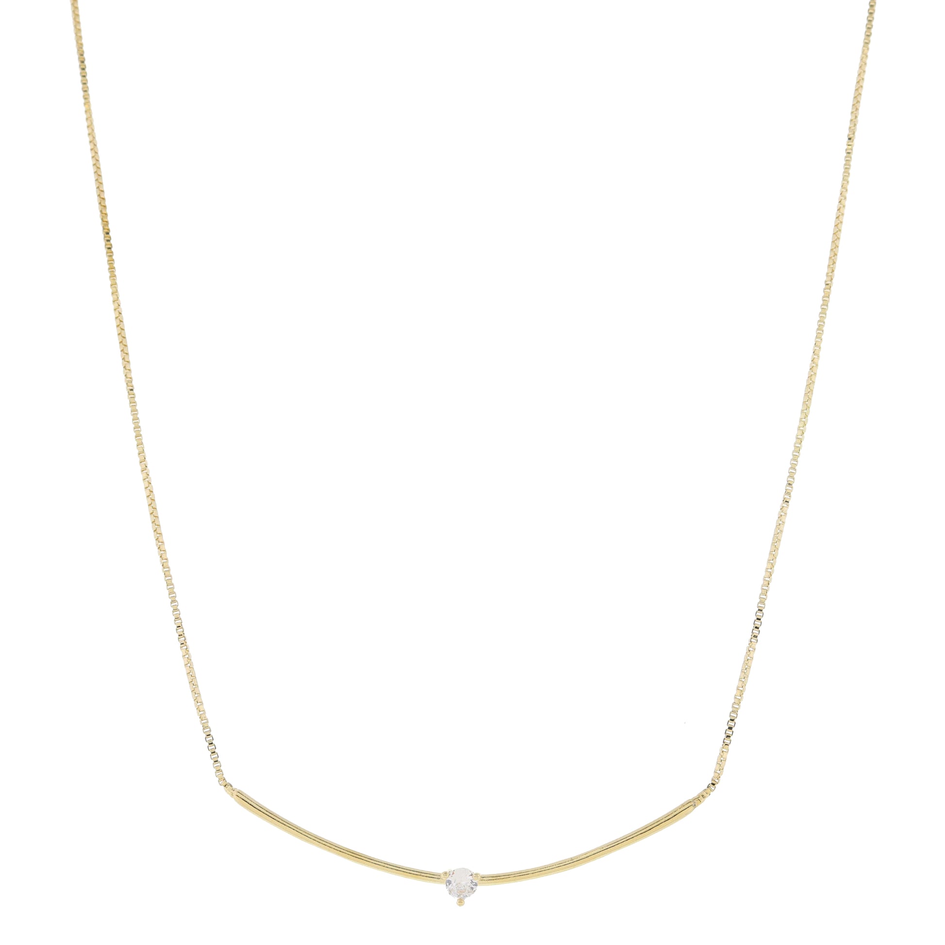 Long Curved Skinny Gold Bar with Center Clear Crystal Necklace, .2" Pendant