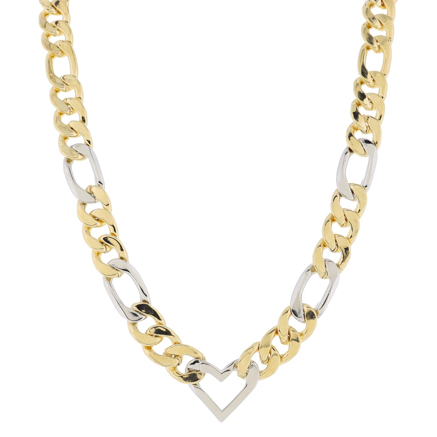 Chunky 2-Tone Figaro Chain with Silver Heart Link Necklace, .65" Pendant
