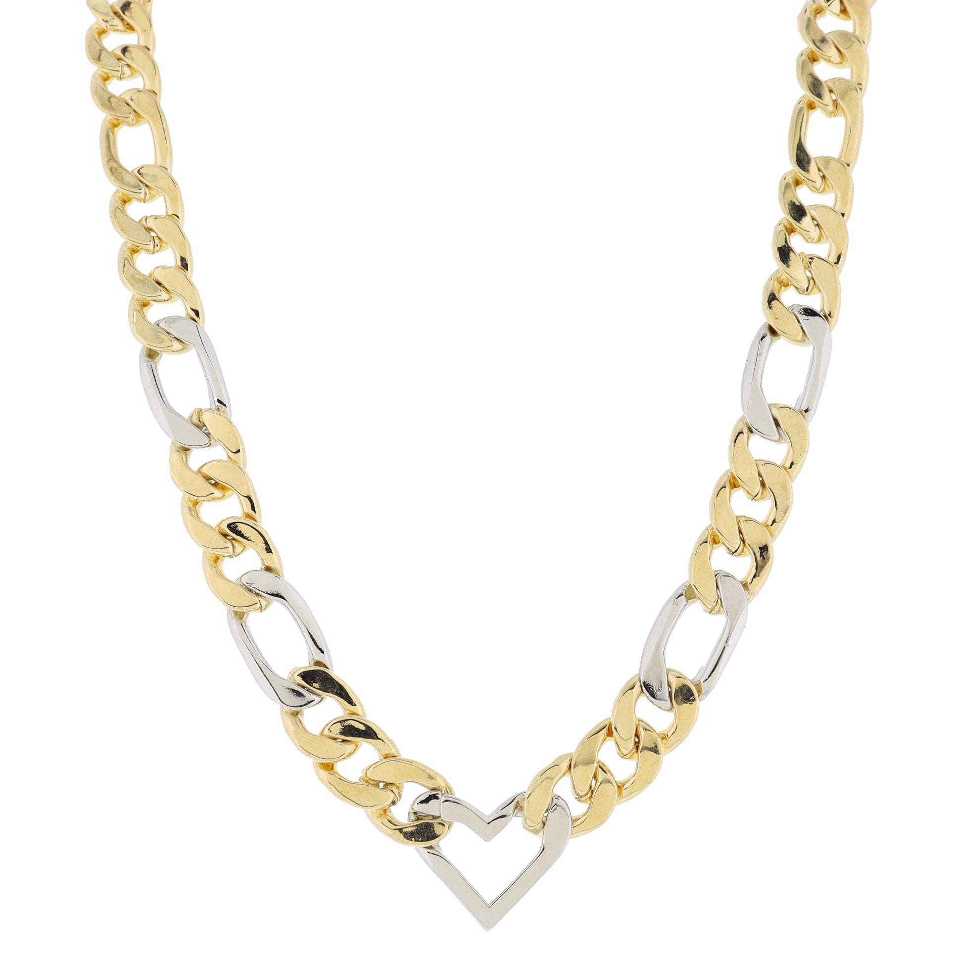 Chunky 2-Tone Figaro Chain with Silver Heart Link Necklace, .65" Pendant