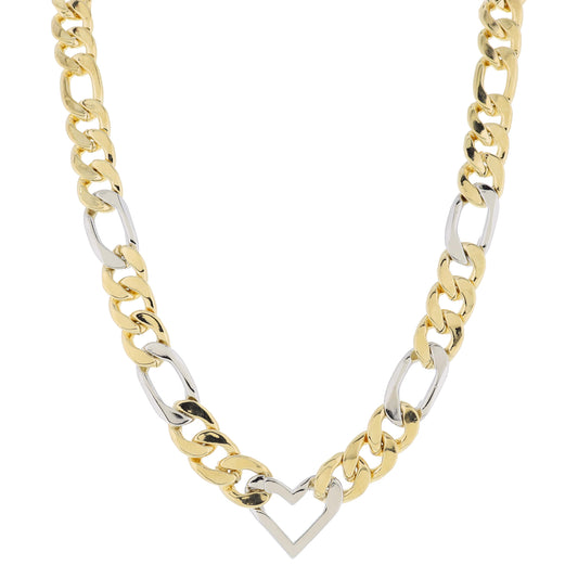 Chunky 2-Tone Figaro Chain with Silver Heart Link Necklace, .65" Pendant