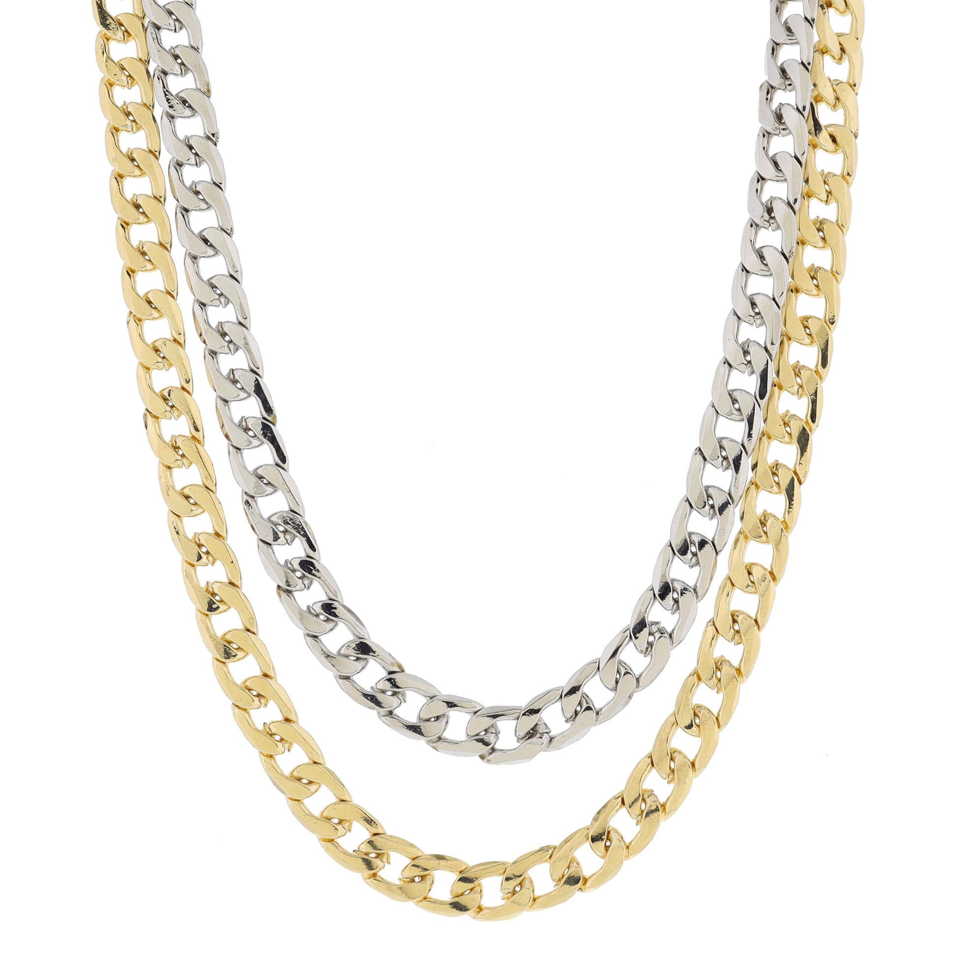 2 Layer Chunky 2-Tone Silver Cuban Curb Chain & Gold Cuban Curb Chain Necklace, .35", .35" Pendant