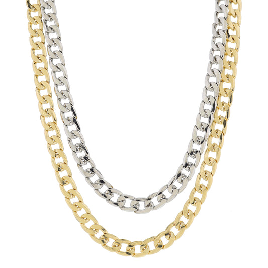 2 Layer Chunky 2-Tone Silver Cuban Curb Chain & Gold Cuban Curb Chain Necklace, .35", .35" Pendant