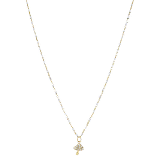 Dainty White Enamel Satellite Chain with Pave Crystal Mushroom Necklace, .35" Pendants