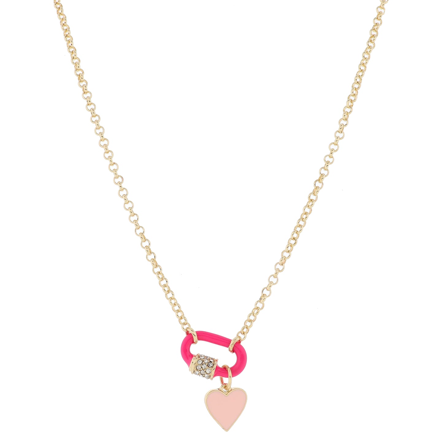Hot Pink Enamel and Crystal Embellished Carabiner with Light Pink Enamel Heart' Necklace, .5", .5"