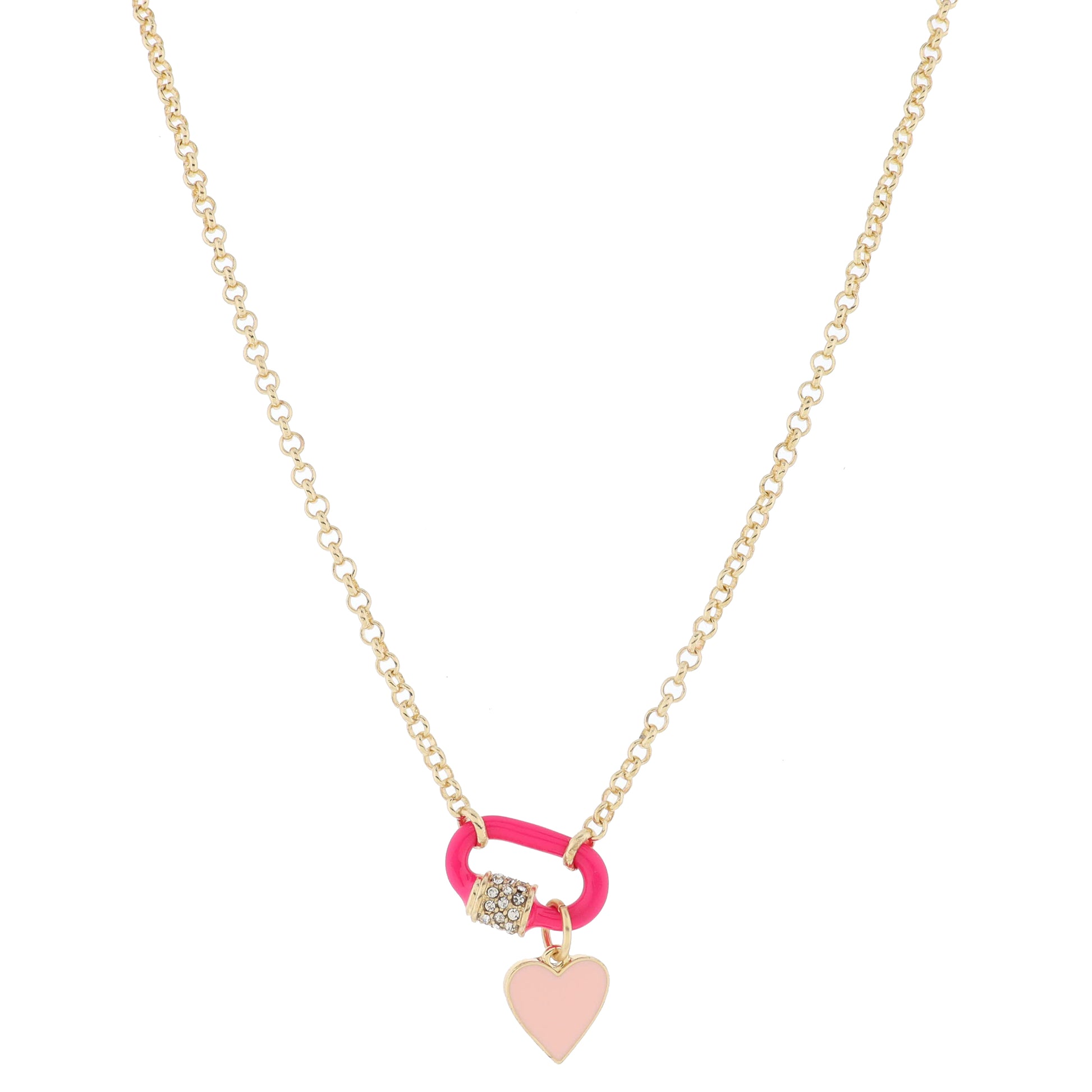 Hot Pink Enamel and Crystal Embellished Carabiner with Light Pink Enamel Heart' Necklace, .5", .5"
