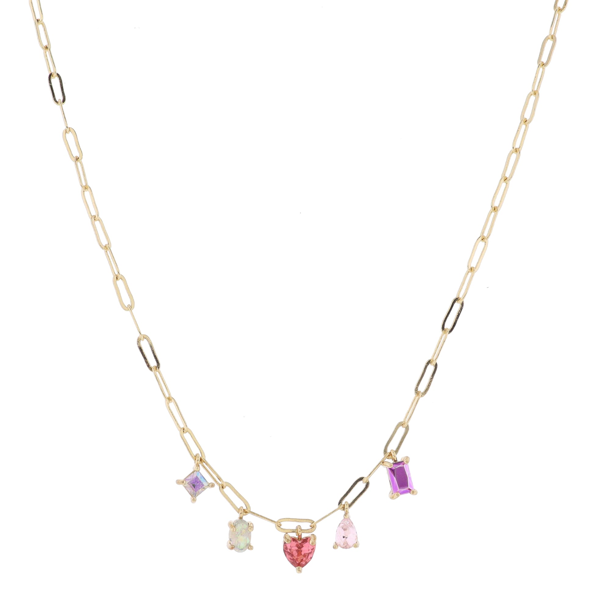 AB Square, Opal, Pink Heart, Pink Teardrop, Fuchsia Baguette Necklace, .25", .25", .25", .25", .25"