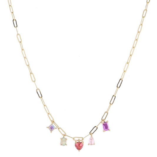 AB Square, Opal, Pink Heart, Pink Teardrop, Fuchsia Baguette Necklace, .25", .25", .25", .25", .25"