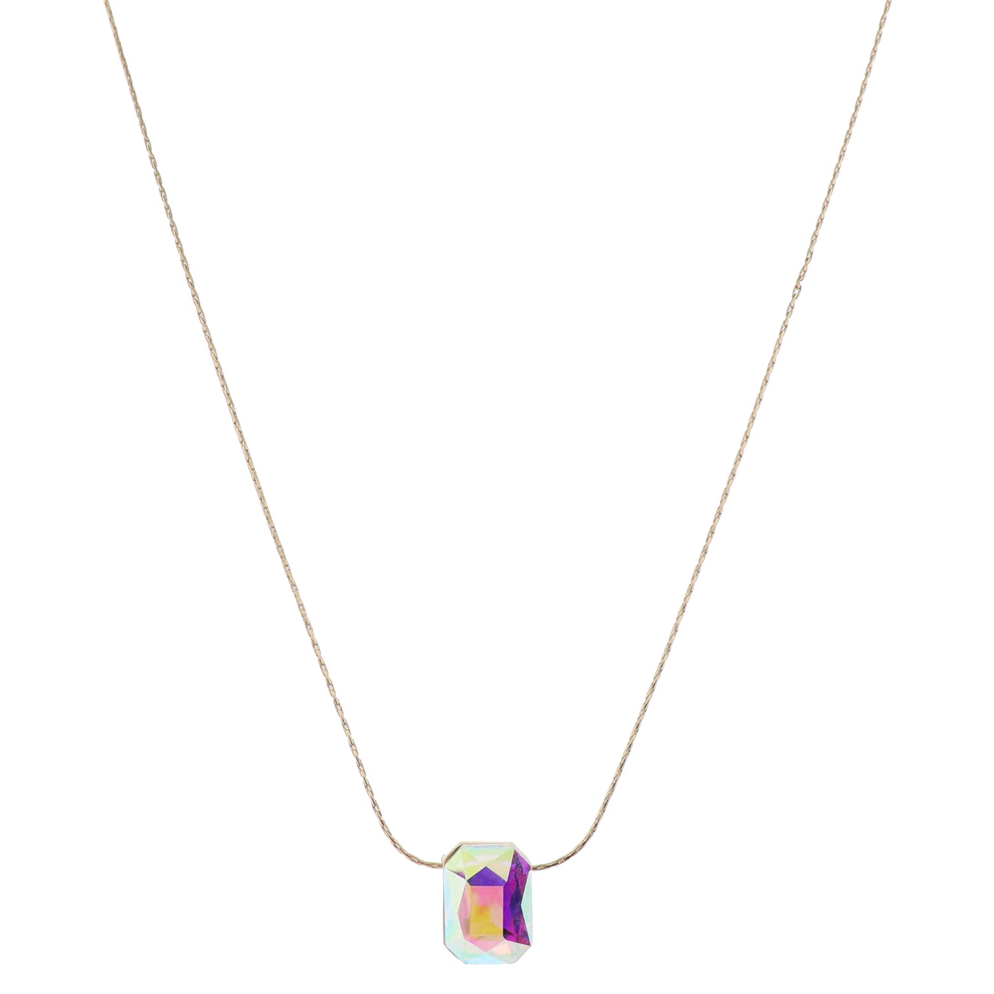 Cut Corner Rectangle AB Crystal Necklace, .65"