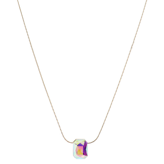 Cut Corner Rectangle AB Crystal Necklace, .65"