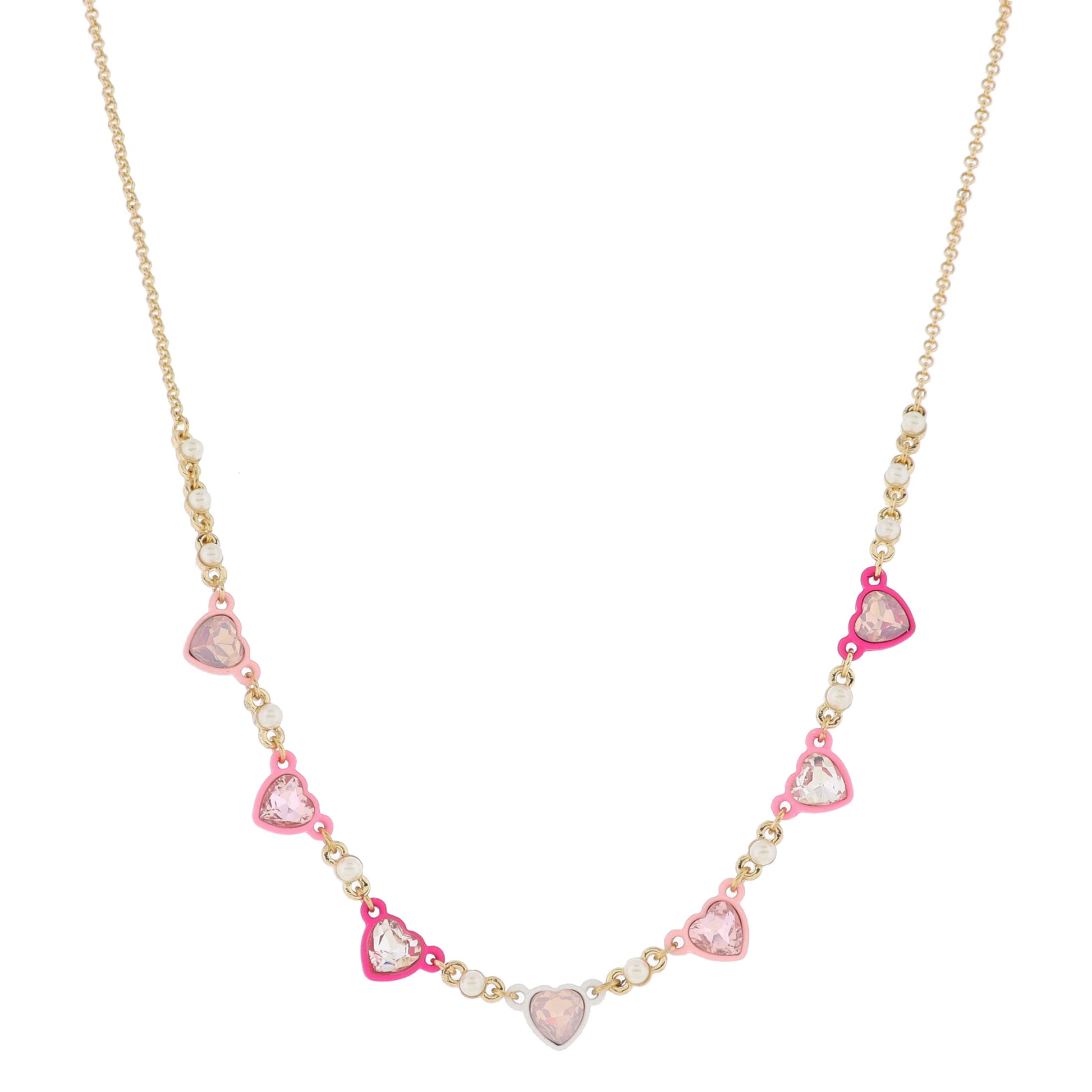 Multi Pink Enamel Dipped with Crystal Center Hearts and Pearl Accent Links Necklace, .25"