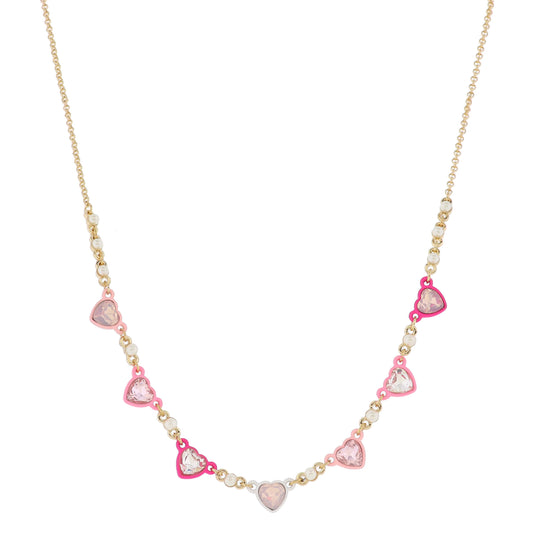 Multi Pink Enamel Dipped with Crystal Center Hearts and Pearl Accent Links Necklace, .25"