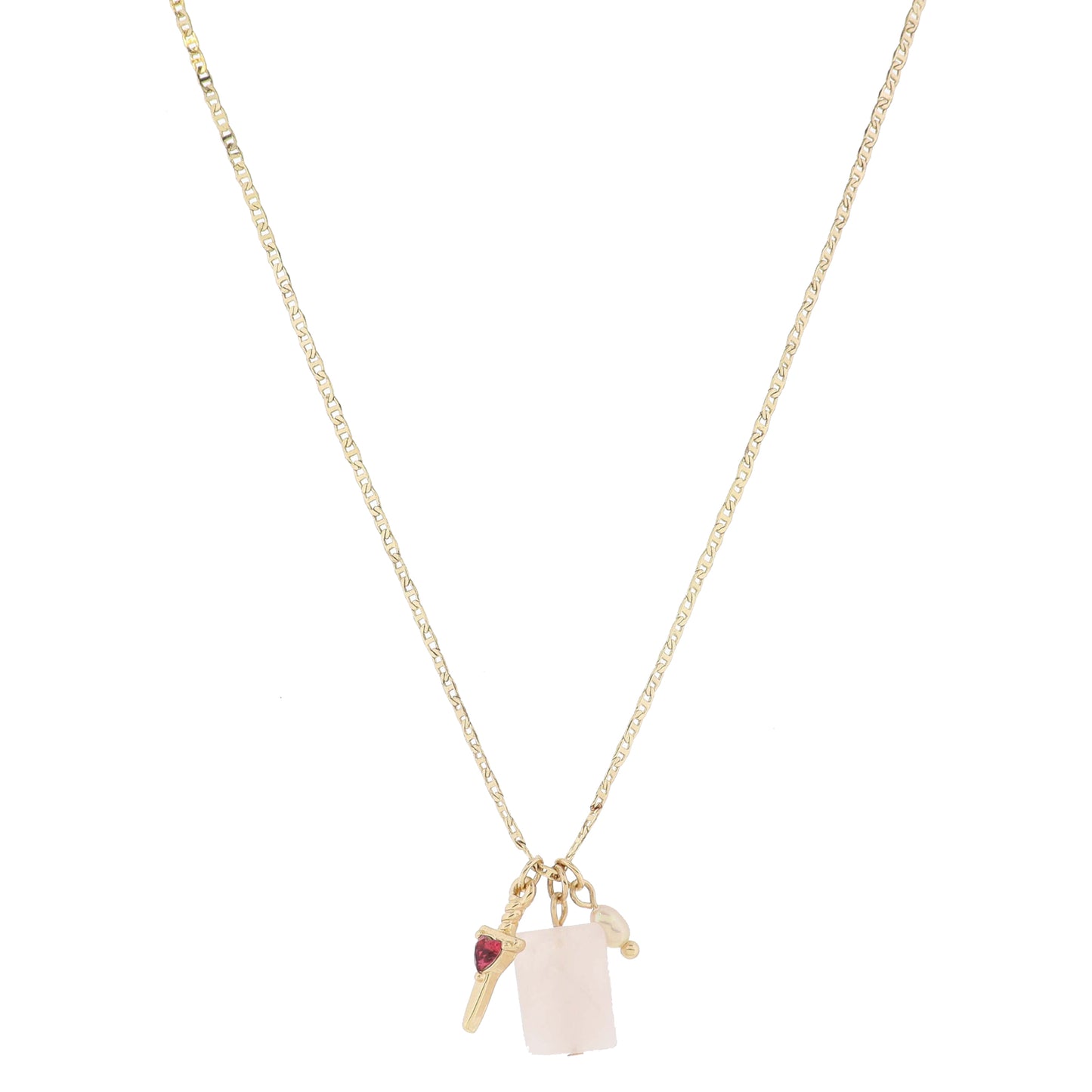 Gold Sword with Pink Crystal Heart, Rose Quartz Rectangle, Pink Pearl Necklace, .65", .65", .25"
