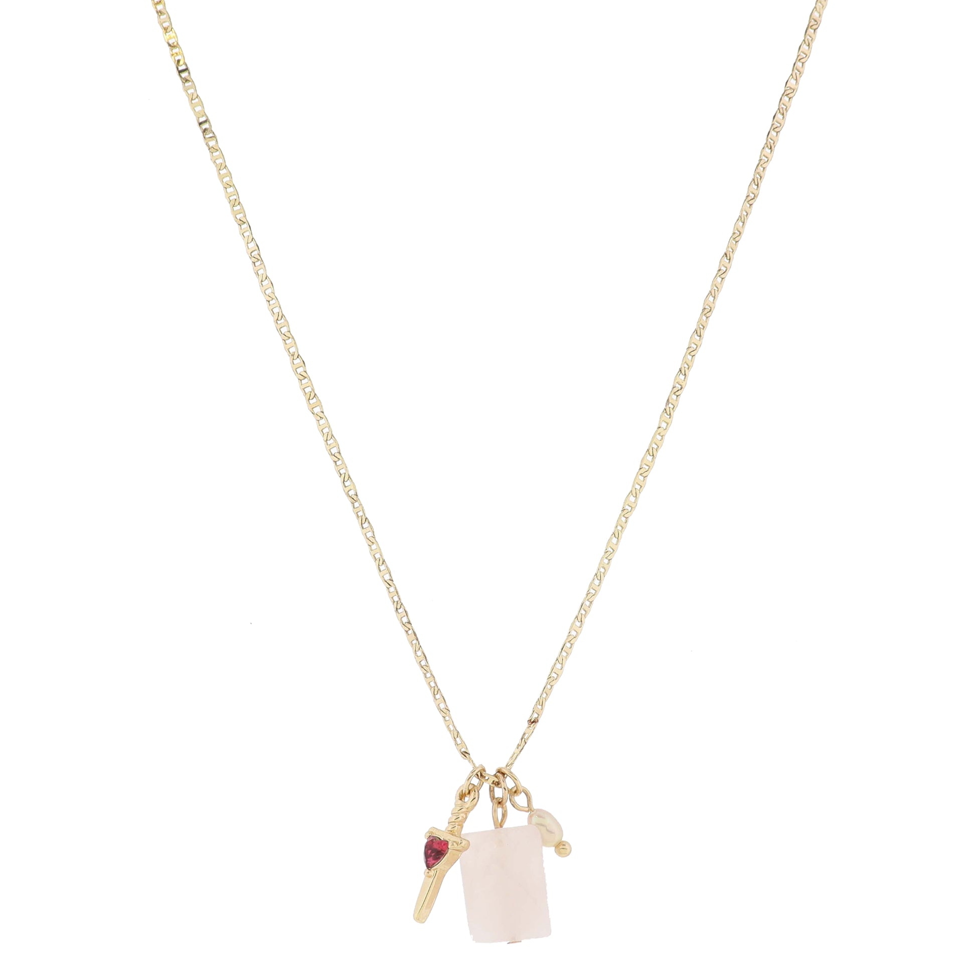 Gold Sword with Pink Crystal Heart, Rose Quartz Rectangle, Pink Pearl Necklace, .65", .65", .25"