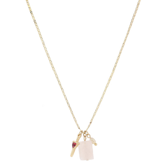 Gold Sword with Pink Crystal Heart, Rose Quartz Rectangle, Pink Pearl Necklace, .65", .65", .25"