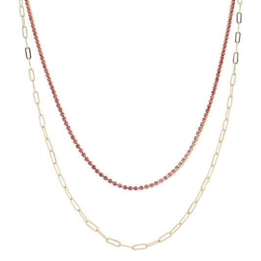 2 Layer Mini Pink Crystal Strand and Gold Paperclip Strand Necklace,