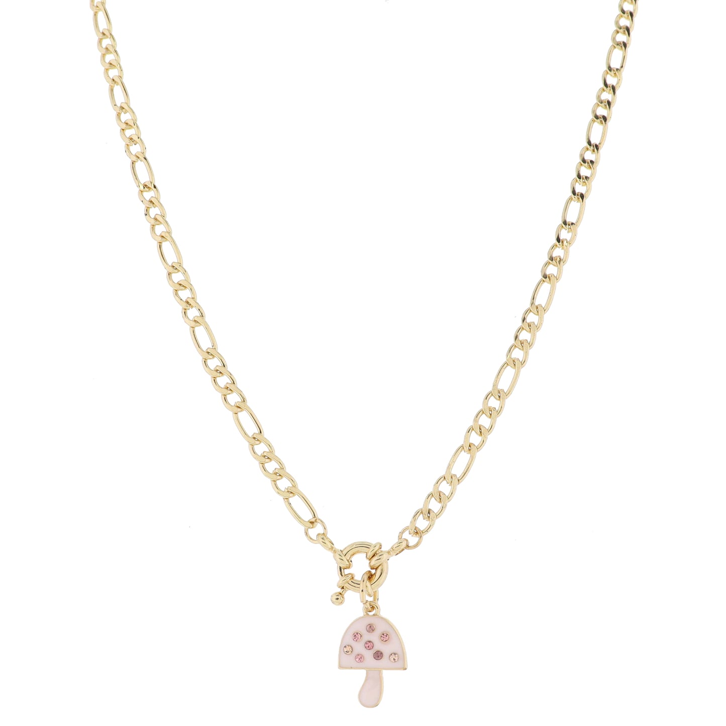 Gold Spring Ring and Light Pink Enamel Mushroom with Mini Multi Pink Crystals Necklace, .65"