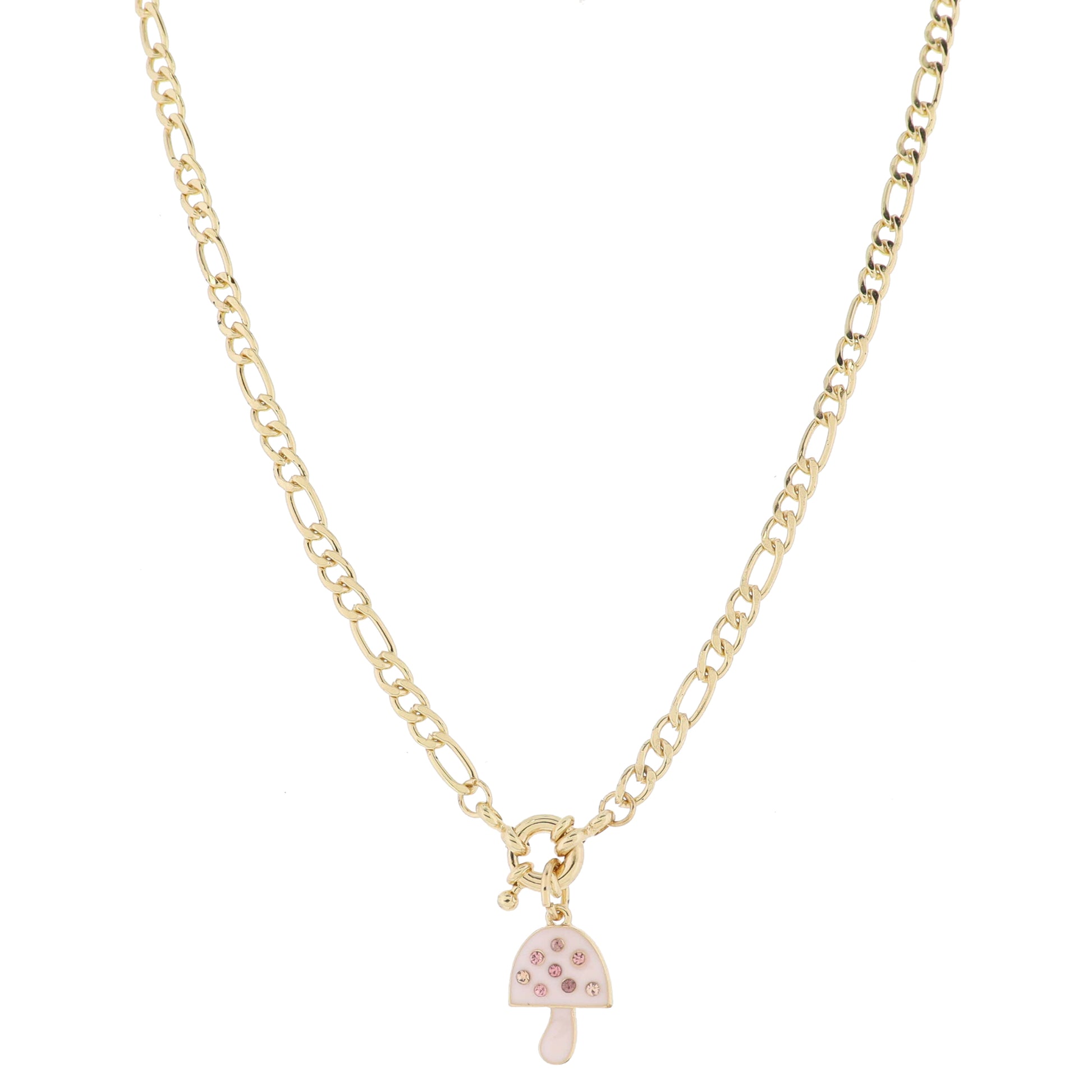 Gold Spring Ring and Light Pink Enamel Mushroom with Mini Multi Pink Crystals Necklace, .65"