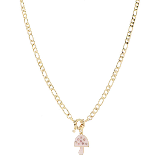 Gold Spring Ring and Light Pink Enamel Mushroom with Mini Multi Pink Crystals Necklace, .65"