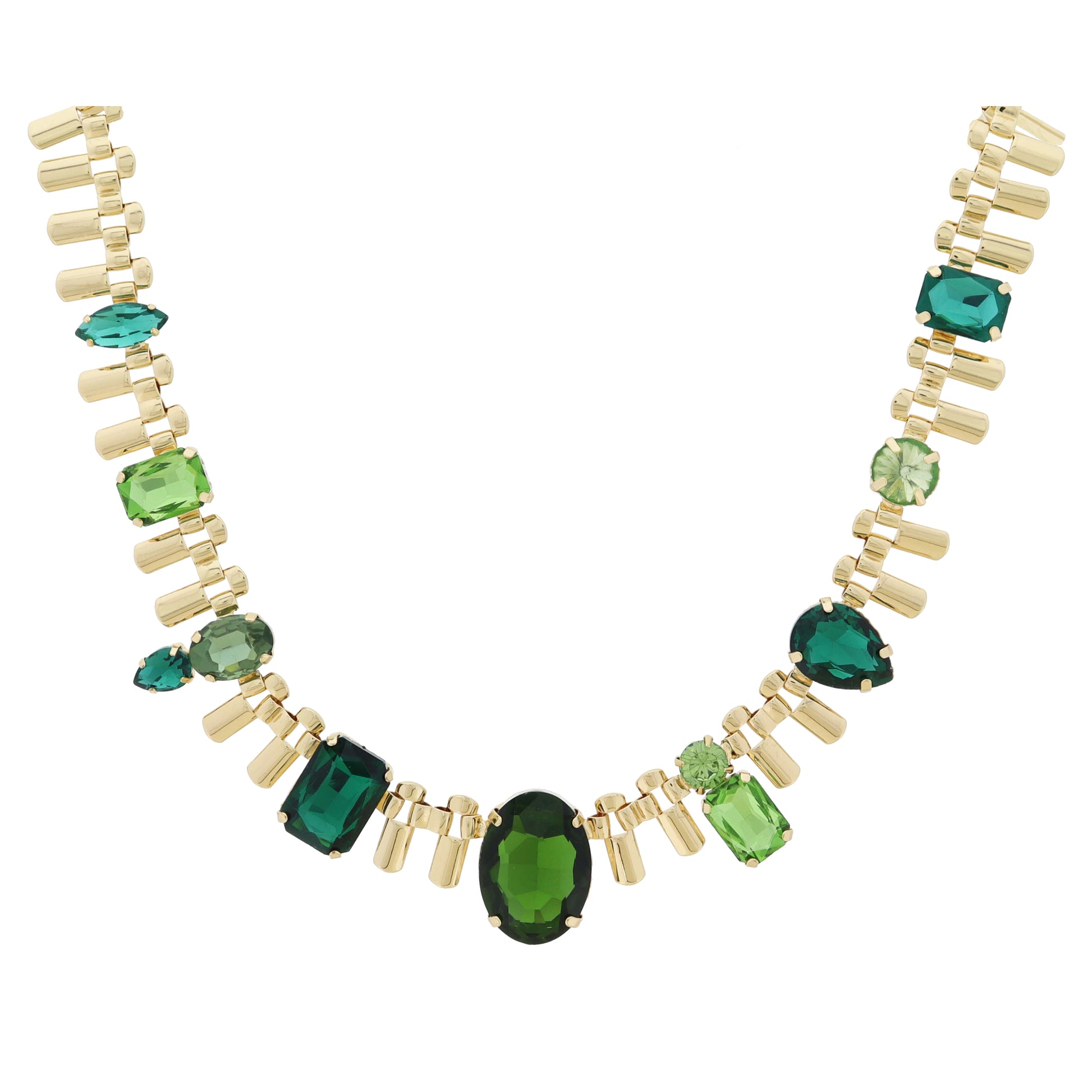 Decorative Gold Chain with Green Crystals Necklace, .5", .85", .75", 1", .85", .75", .5", .5" Wide