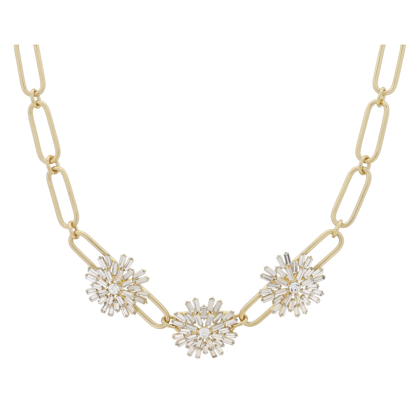 Large Gold Paperclip with Oval Links & Large Crystal Decorative Bursts Necklace, 1", 1", 1" Wide