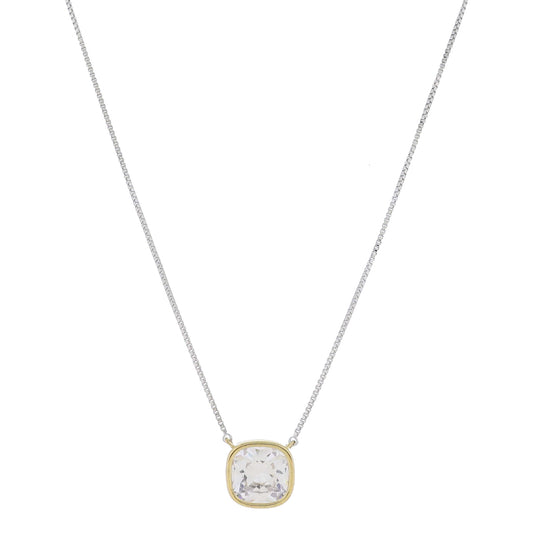 16" Dainty Silver Box Chain with Gold Bezel Cushion Clear Crystal Necklace, 3" Ext