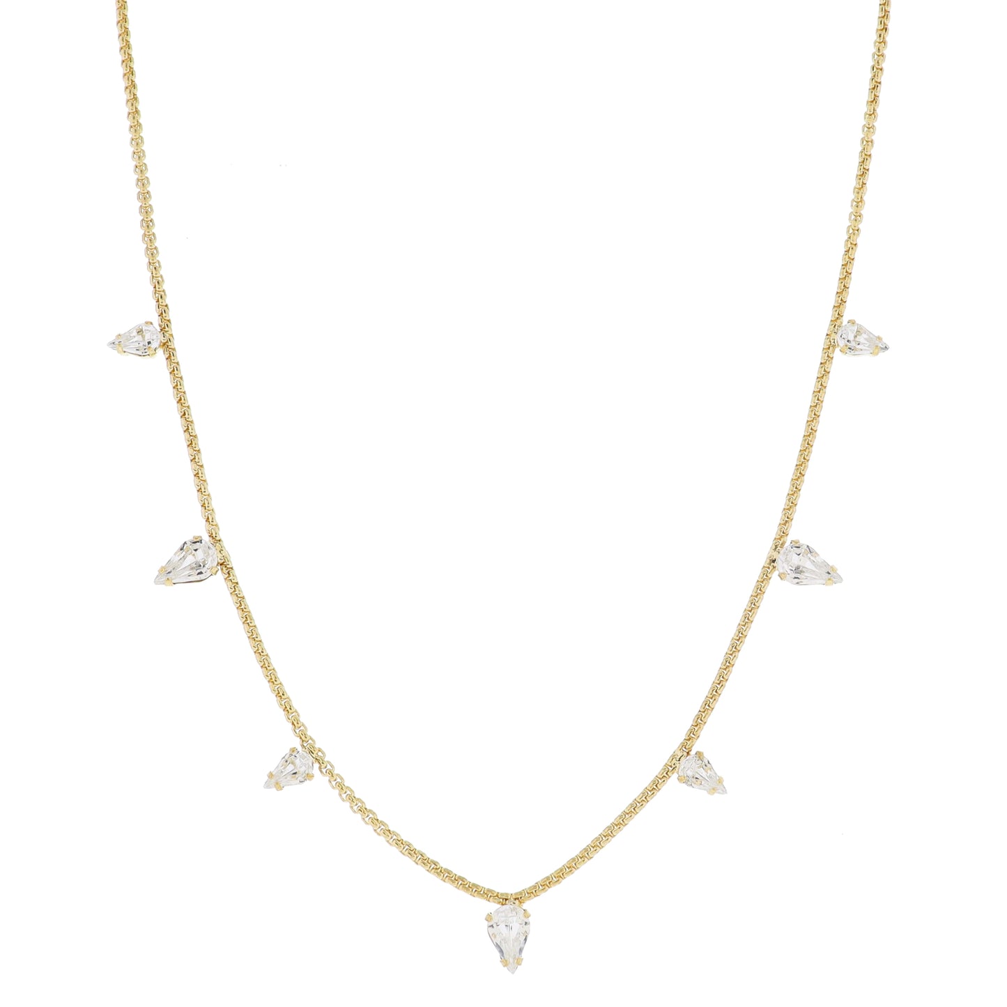 16" Gold Box Chain with Clear Teardrop Crystal Station Necklace, 3" Ext