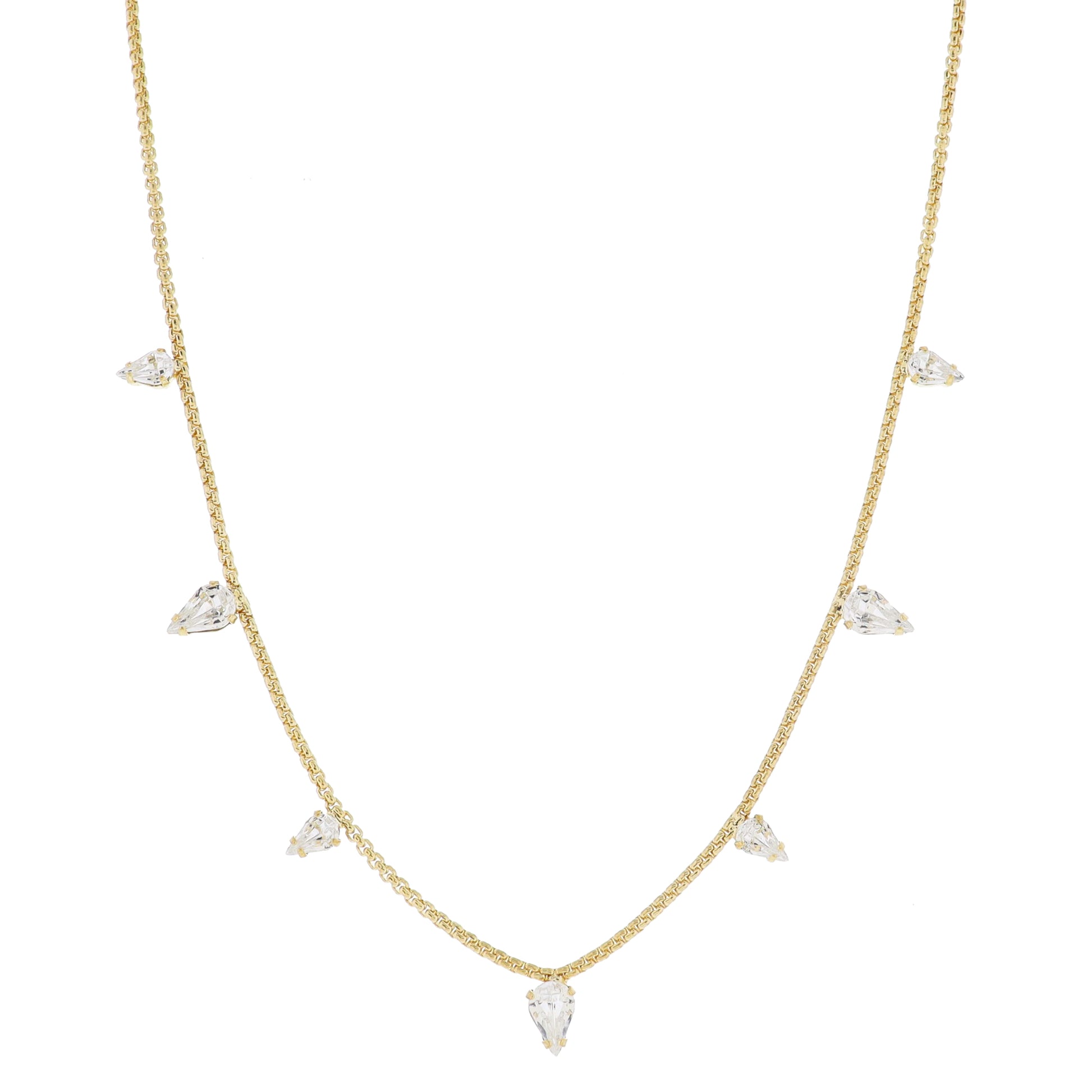 16" Gold Box Chain with Clear Teardrop Crystal Station Necklace, 3" Ext