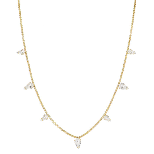 16" Gold Box Chain with Clear Teardrop Crystal Station Necklace, 3" Ext