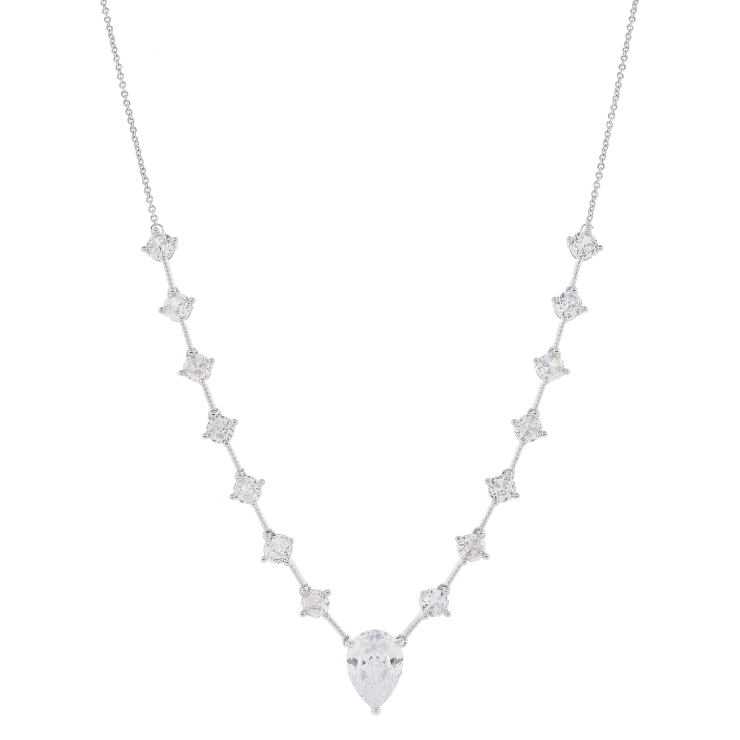 16" Silver with Circle Crystal Chain Portion and Larger Teardrop Crystal Necklace, 3" Ext