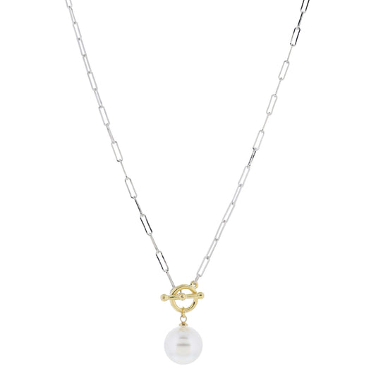 16" Silver Paperclip Chain with Gold Toggle and Large Pearl Necklace, 3" Ext
