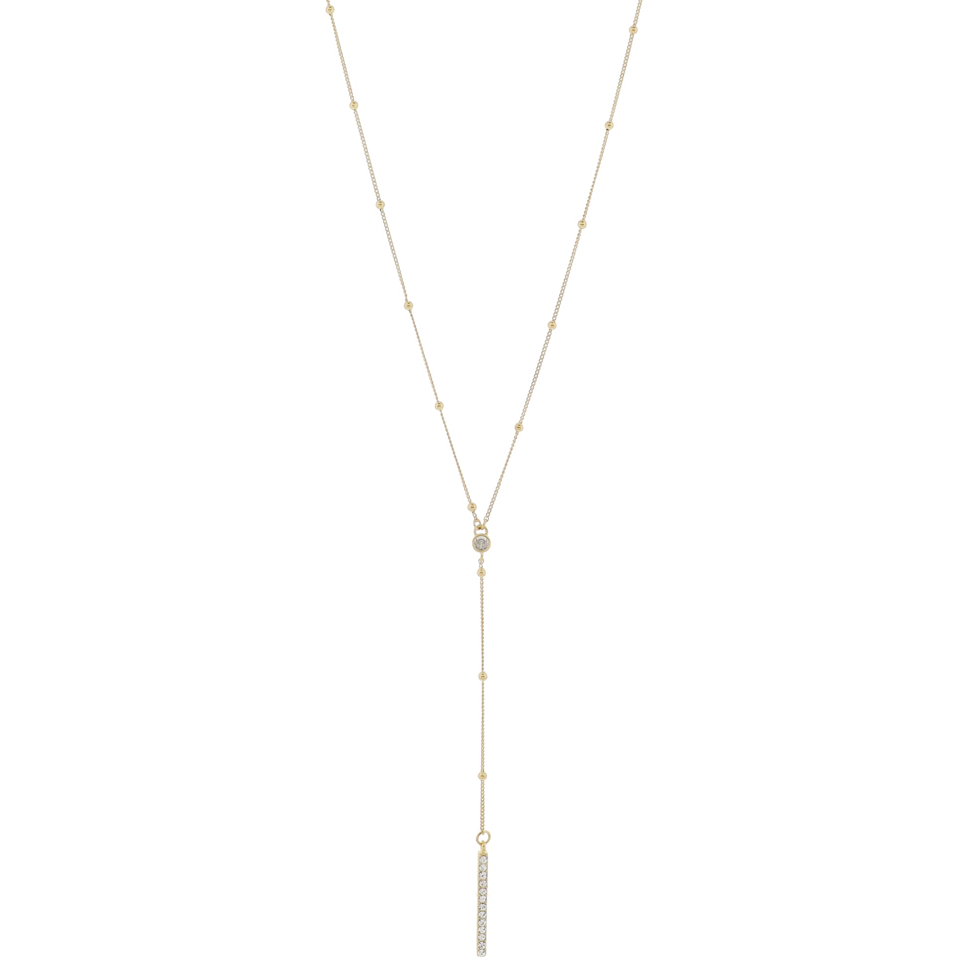 Adj. Gold Satellite Chain with Gold Crystal and Crystal Bar Lariat Drop Necklace, 3.75" Pendant