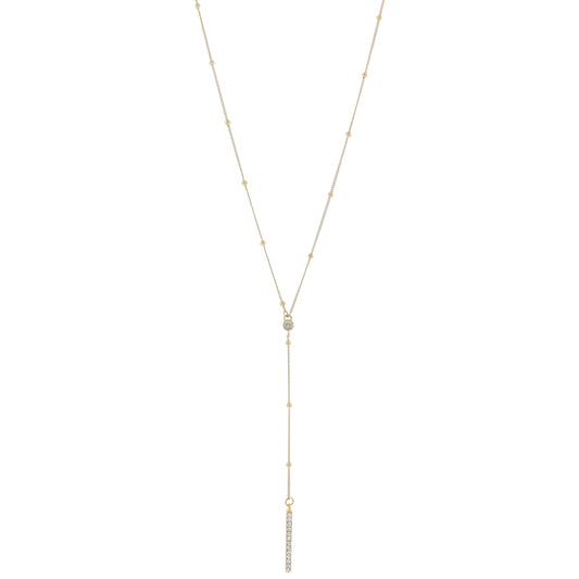 Adj. Gold Satellite Chain with Gold Crystal and Crystal Bar Lariat Drop Necklace, 3.75" Pendant